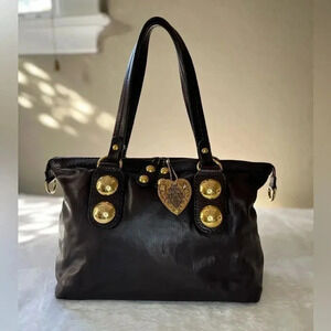 Gucci Babouska Heart GG Chocolate Brown Leather Tote Bag Gold Hardware